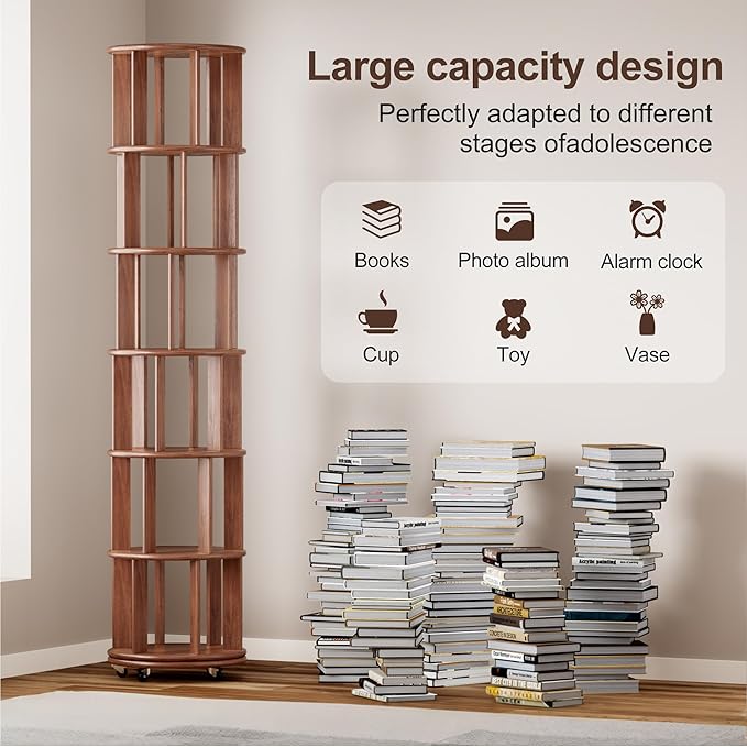 KEIKI 360° Spinning Revolving Bookcase, Solid Wood 6 Tier Rotating Bookshelf - Image 4