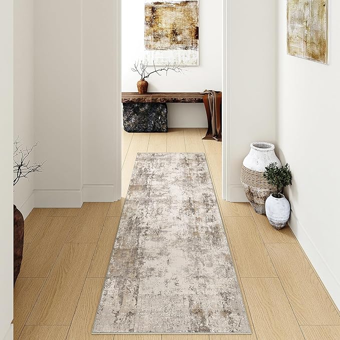 2x10 Washable Runner Rug Brown Grey Neutral Abstract Hallway Kitchen Living - Image 4