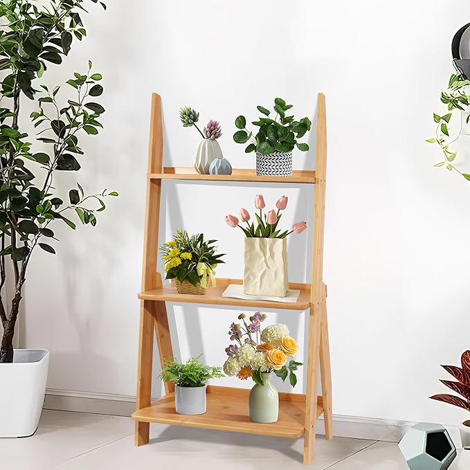 DOUSY-3-Tier Ladder Shelf, Bamboo Ladder Bookshelf Leaning Bookcase Trapezoid - Image 2