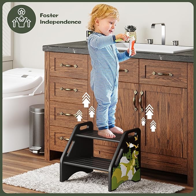 AMBIRD Toddler Step Stool, Dinosaur Wooden Two Step Stool - Image 4