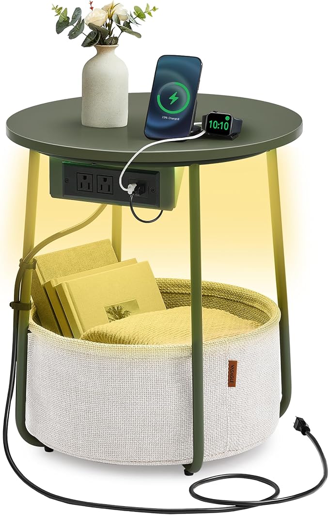 VASAGLE Side Table with Charging Station, Round End Table with Fabric Basket by VASAGLEbySONGMICSHOME