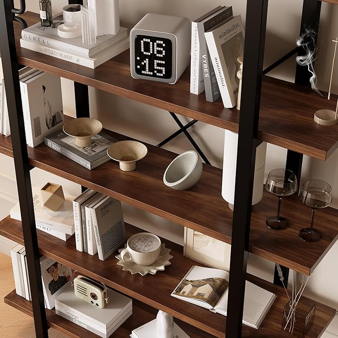 Industrial Bookshelf with 5 Shelves, Solid Wood core Bookcase, Walnut Wood and - Image 5