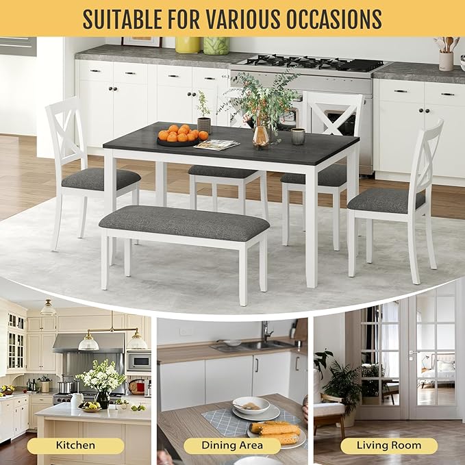 6-Piece Solid Wood Dining Table Set, Including 1 Dining Table, 4 Upholstered - Image 6