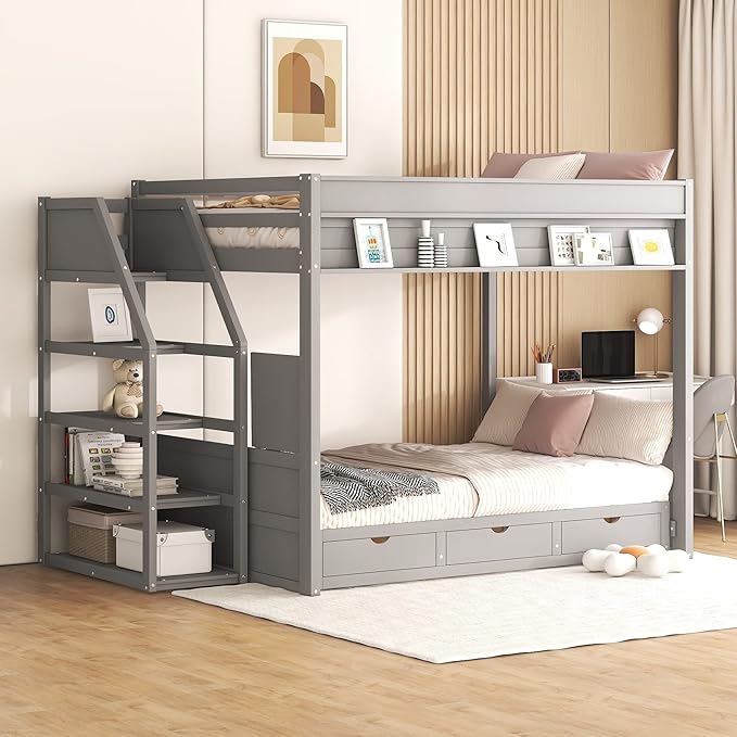 Full Size Wood Bunk Bed with Storage Staircase, Bedside Table, and 3 Drawers by Favfurish