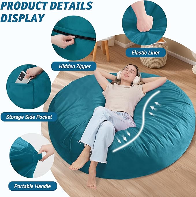 7FT Bean Bag Chair with Ultra Soft Velvet Cover Bean Bag Sofa with Memory Foam - Image 4