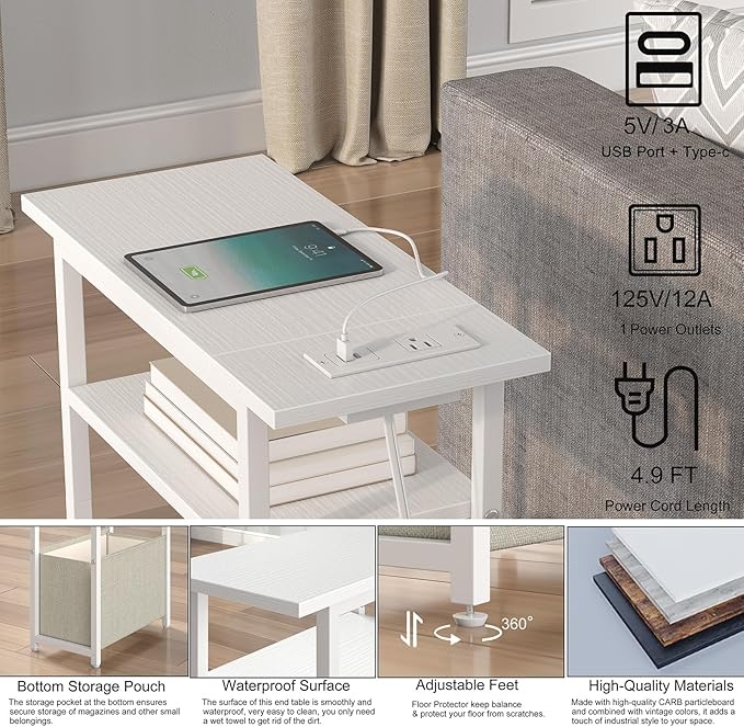 Narrow Side Table with Charging Station Set of 2, Small End Table - Image 5