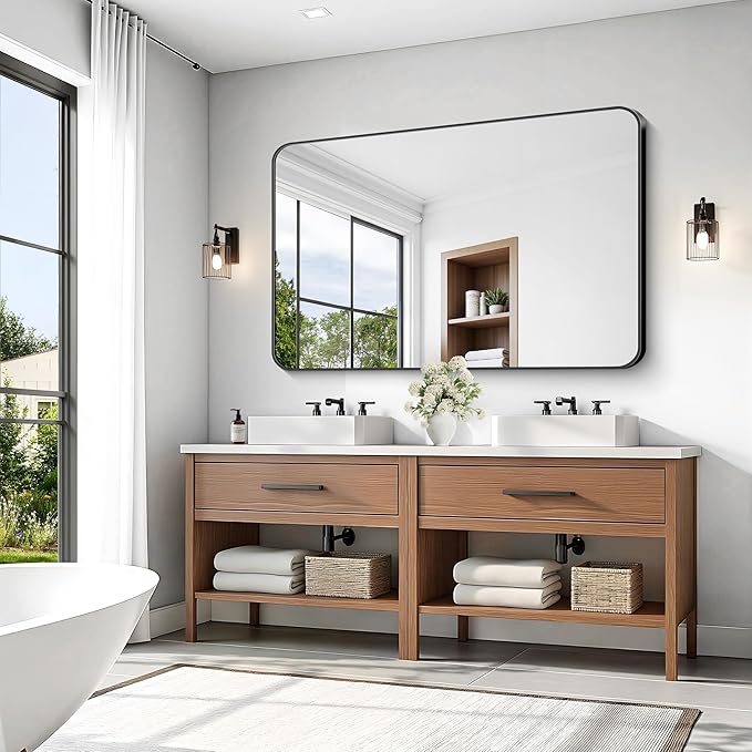 KOCUUY 55x36 Black Bathroom Mirror, Large Matte Black Vanity Mirror, Tempered - Image 2