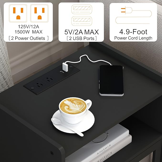 Nightstand with Charging Station, Bedside Tables Set of 2, End Table Side Table - Image 6