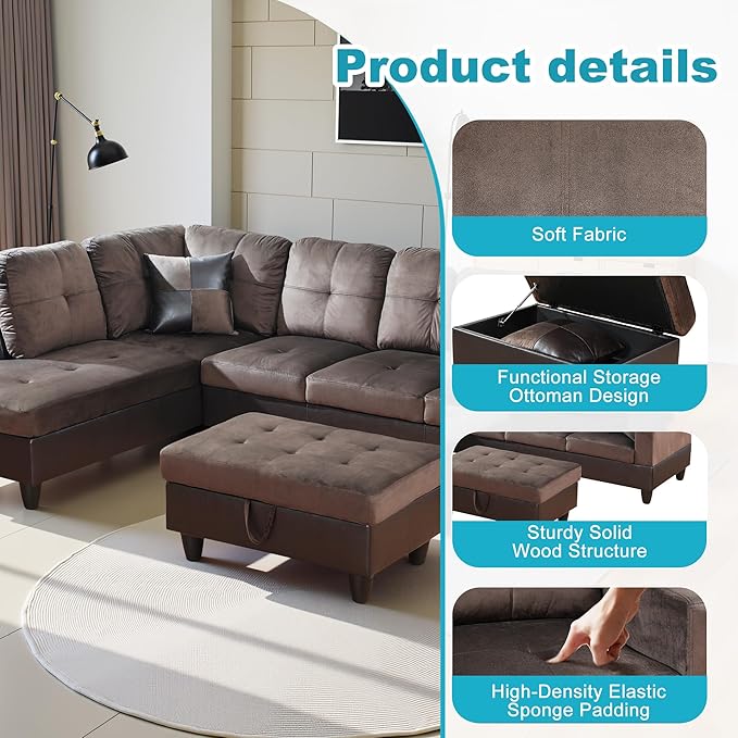 L Shaped Couch Upholstered Flannel Fabric 3 Pieces Sofas - Image 5
