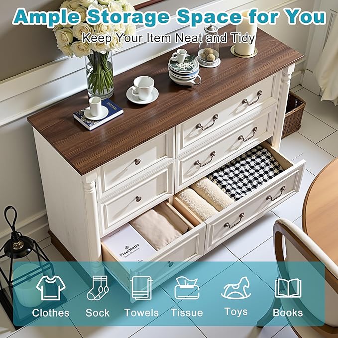 Farmhouse 6 Drawers Dresser for Bedroom, 47.24" Wide Wood Rustic Chest of - Image 3