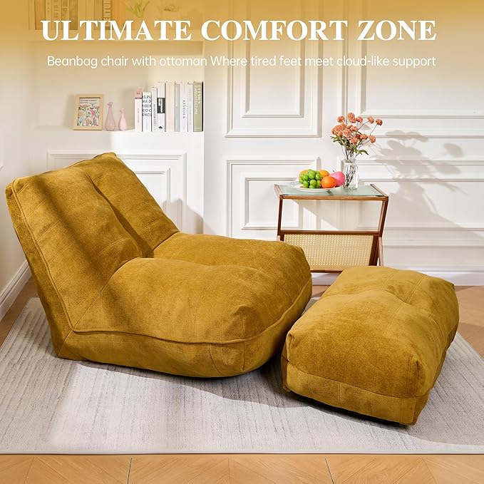 Bean Bag Chair with Ottoman, Comfy Bean Bag Sofa with Memory Foam, Lazy BeanBag - Image 6