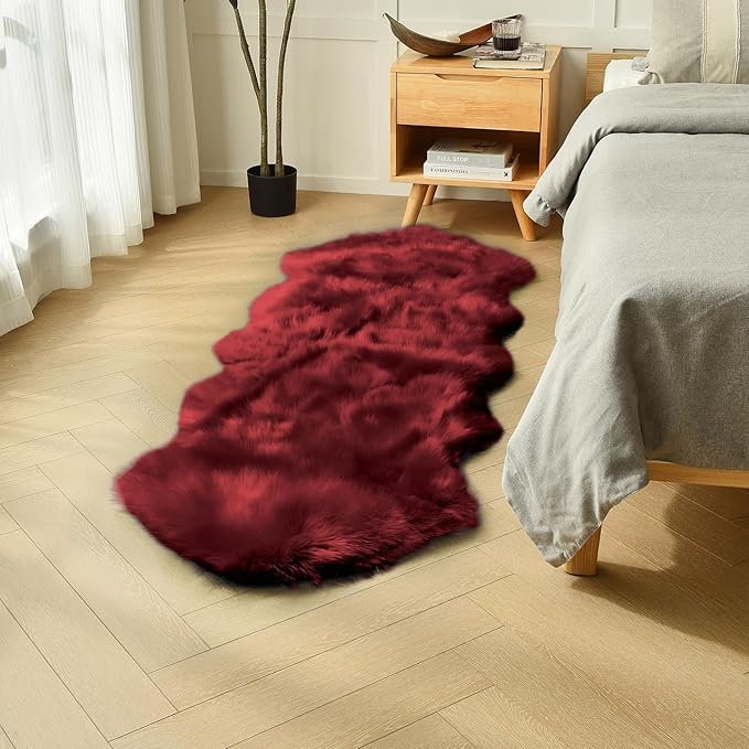 duduta Burgundy Faux Sheepskin Runner Rug 2x6 ft, Fluffy Shag Bedroom Dorm Rug - Image 5