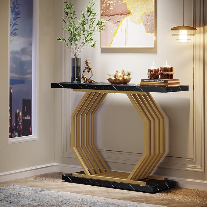 Tribesigns Gold Console Table, Faux Marble Entryway Table Narrow Sofa Table - Image 3