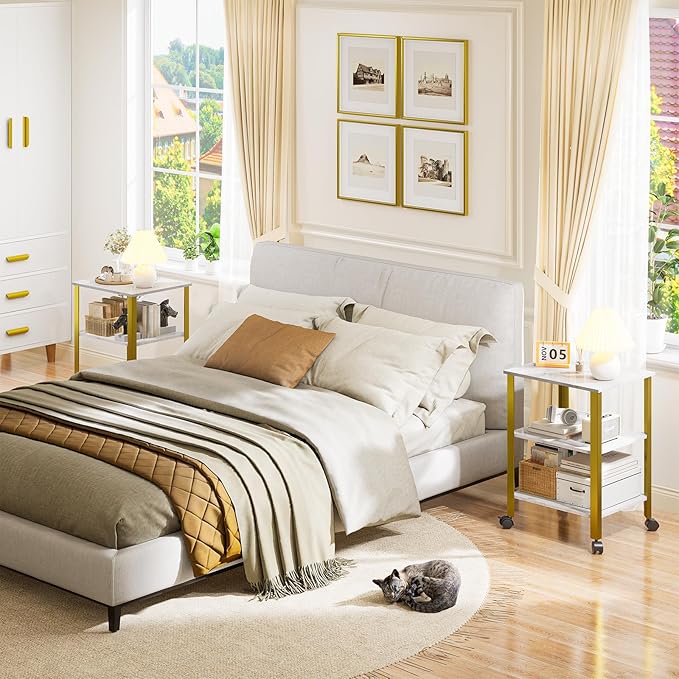 Side Table, End Table with Wheels, Printer Stand with 3-Tier Storage, Bedside - Image 2