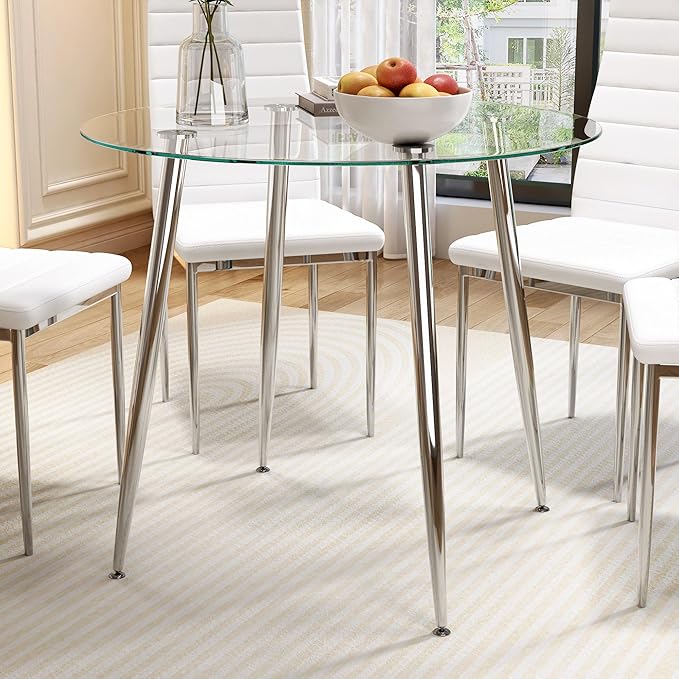 Tempered Glass Dining Table 32 inch Round Kitchen Table by Goldfan