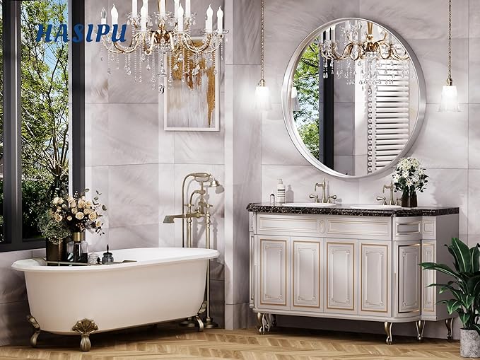 Hasipu Round Silver Mirror 38 Inch Large Round Bathroom Mirror Metal Frame - Image 2