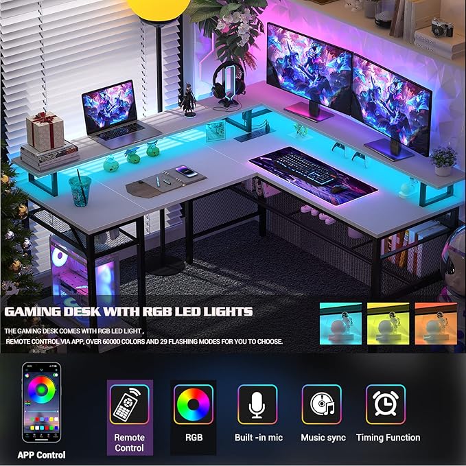 Unikito L-Shaped Desk with LED Strip and Power Outlets, Reversible Corner - Image 5