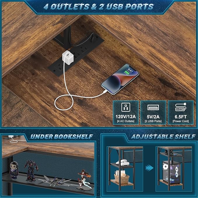 Unikito L Shaped Desk with LED Light and Power Outlet, Reversible Corner - Image 3