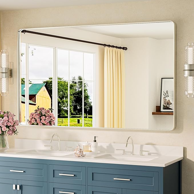 TETOTE 60 x 36 Inch Brushed Nickel Bathroom Mirror Metal Framed Bathroom Mirror by TETOTE