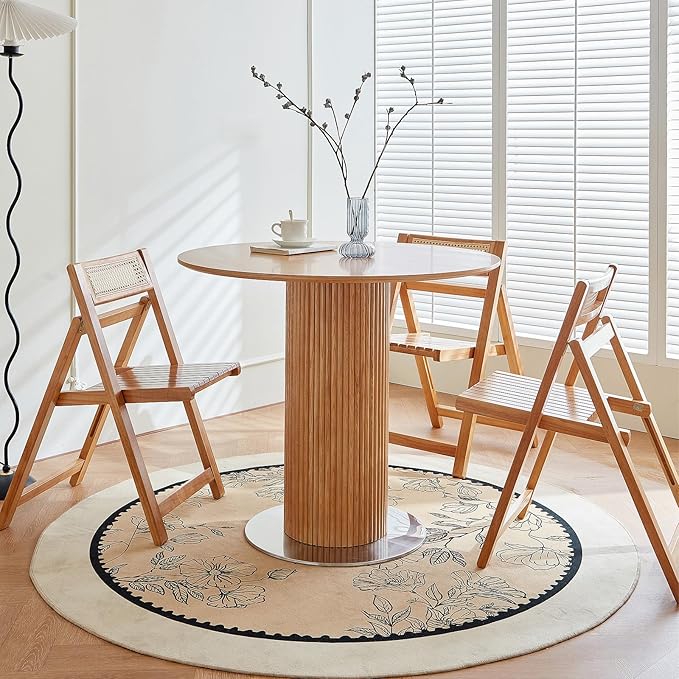 Round Wood Dining Table，Wooden Trestle Pedestal Base on Stainless Steel - Image 8