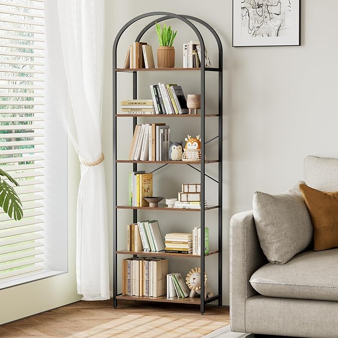 Homhedy 6-Tier Bookshelf Arched Display Racks, Wood and Metal Bookcase by Homhedy