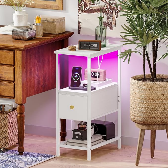 Fixwal Narrow Side Table with Charging Station and LED Light, Skinny Nightstand - Image 7