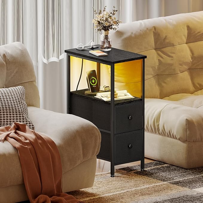 Fixwal Narrow Side Table with Charging Station and LED Light, Skinny Nightstand - Image 2