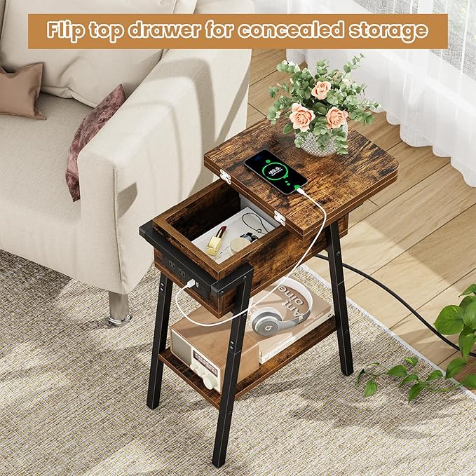 End Table with Charging Station, Flip Top Side Table with USB Ports and Outlets - Image 4