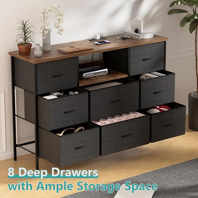 Black Dresser with LED Lights & Power Outlets, Dresser TV Stand with 8 Drawers - Image 7