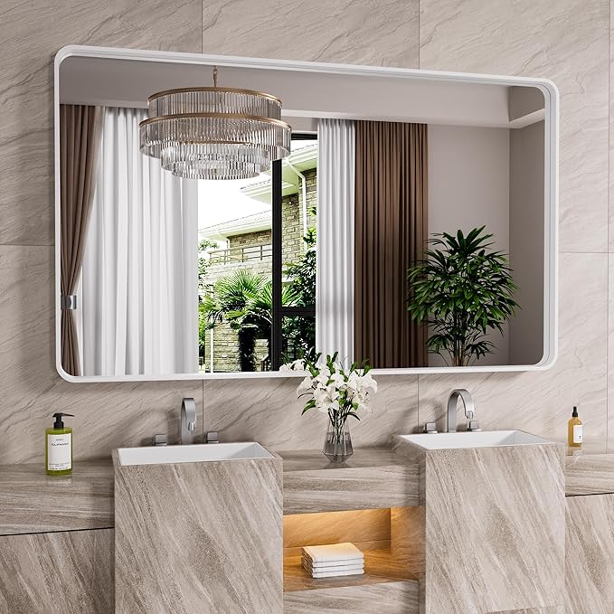 White Bathroom Mirror 55x36 Inch, Rounded Rectangle Matte Bathroom Vanity Mirror by JISOSO