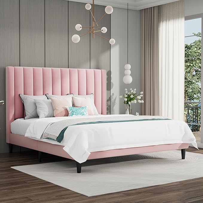 SHA CERLIN King Bed Frame/Velvet Upholstered Platform Bed Frame by SHACERLIN