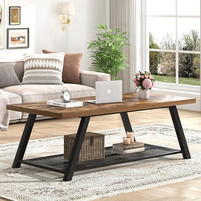 FOLUBAN 47 Inch Coffee Table, Industrial Wood and Metal Living Room Table - Image 3