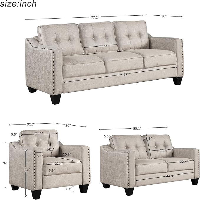 3 Pieses Living Room Sofa Sets Linen Blend Button Tufted Retro Sofa&Couch - Image 2