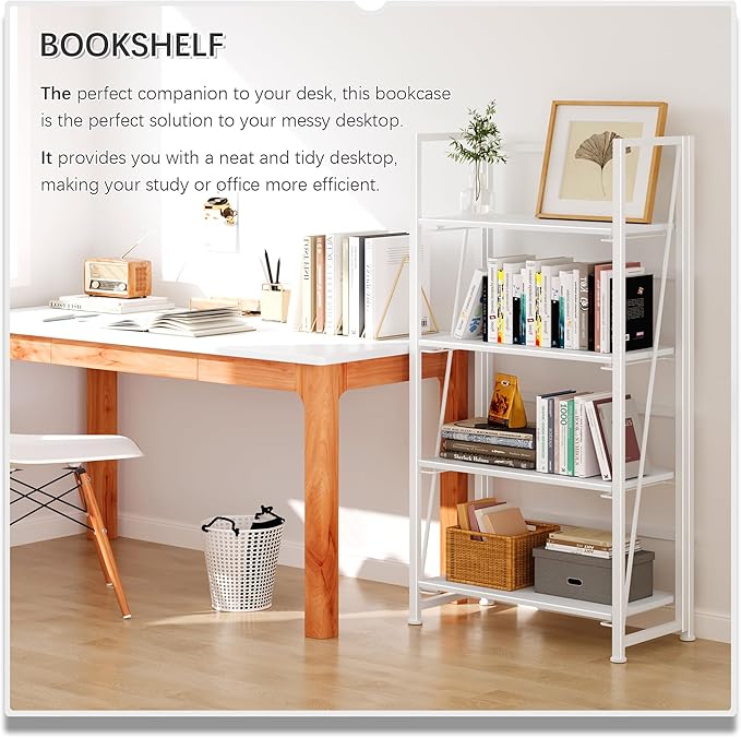 4NM No-Assembly Folding Bookshelf Storage Shelves 4 Tiers Vintage Bookcase - Image 3