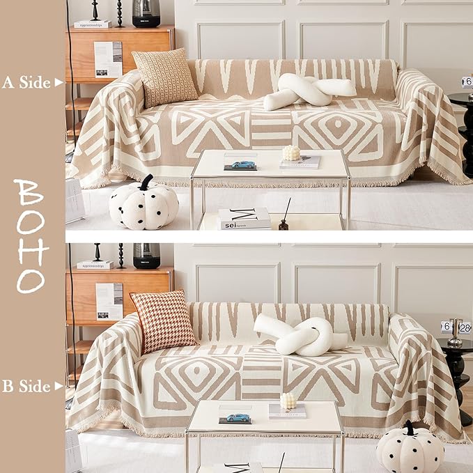HANDONTIME Sofa Covers for Sectional Sofa Boho Couch Cover for Dogs Khaki Throw - Image 2