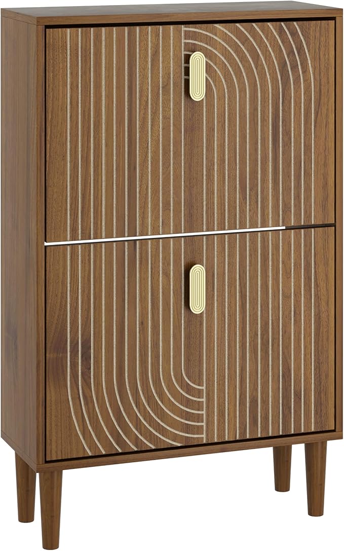 Smuxee Shoe Cabinet with 2 Flip Drawers, 23.6" Walnut Hidden Shoe Storage - Image 9