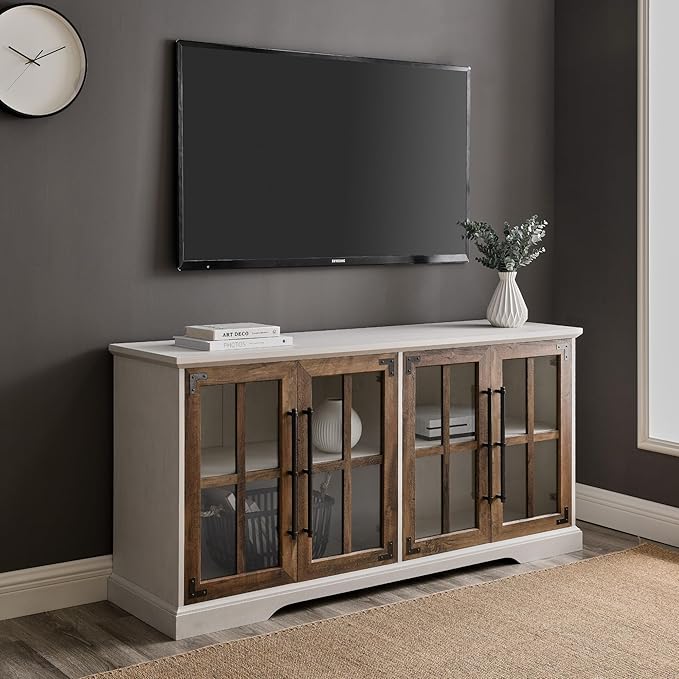 Walker Edison Modern Glass and Wood Universal TV Stand - Image 2