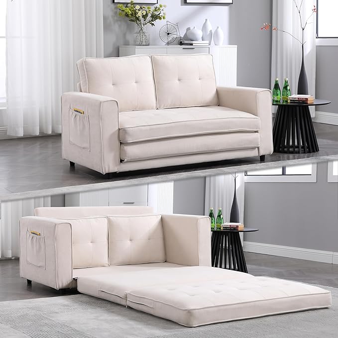 ERYE 3 Fold Tufted Upholstered Futon Sofa Bed Modern Convertible Foldable Floor - Image 4