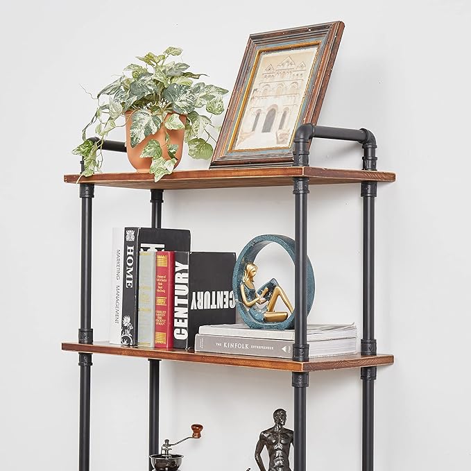 Industrial Bookshelf, 5 Shelf Bookcase, Rustic Brown Pipe Shelving - Image 7