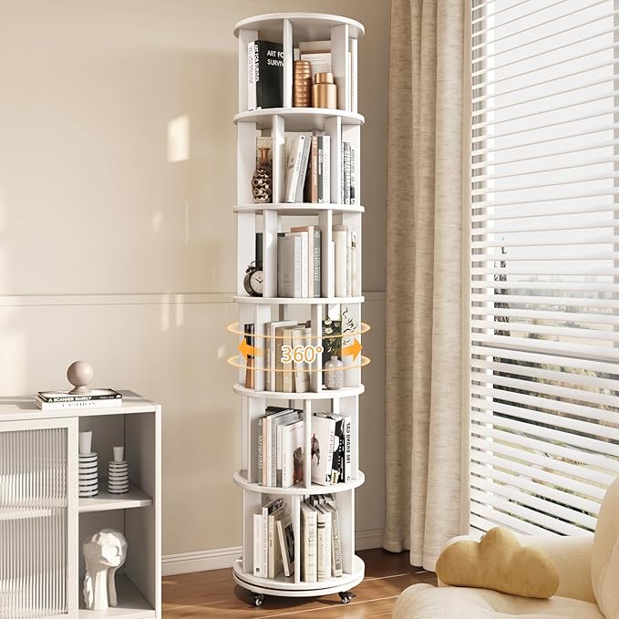 6 Tier Bookshelf Tower, 360° Solid Wood Spinning Bookcase by IUNVR