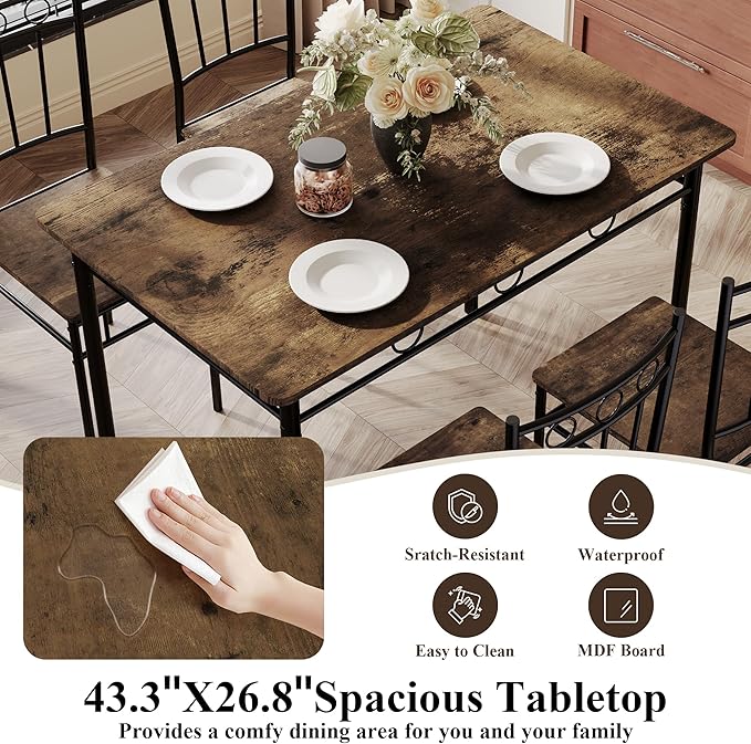 5 Piece Dining Table Set, Modern Metal&Wood Kitchen Dinner Table - Image 6