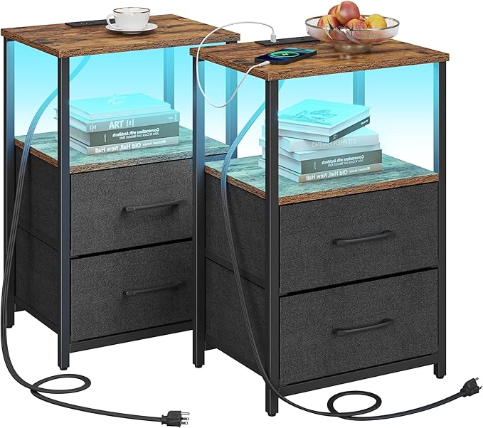 TUTOTAK LED End Table with Charging Station, Nightstand with Cloth Drawer by WelcometotheTUTOTAKHome