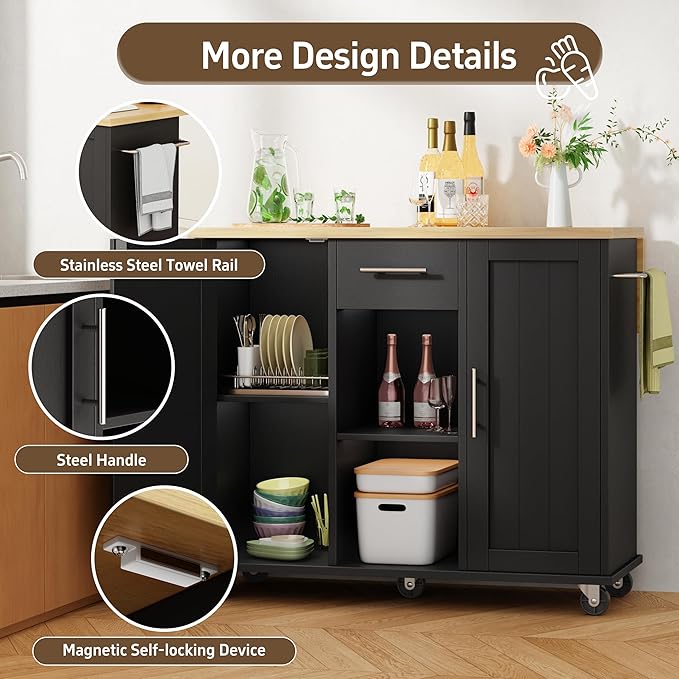 Shintenchi Kitchen Island with Storage, Bar Cart Cabinet Island Table on Wheels - Image 4