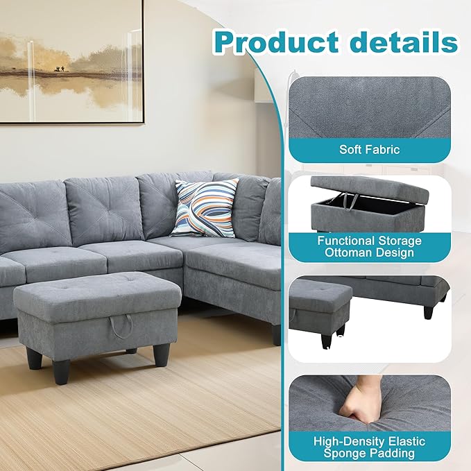 Couches for Living Room Modern L Shaped Couch Comfy Flannelette Fabric 3 Pieces - Image 5