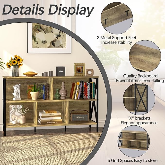 Horizontal Bookshelf, Industrial Modern 5 Cube Low Wide Cubby Bookcase - Image 4