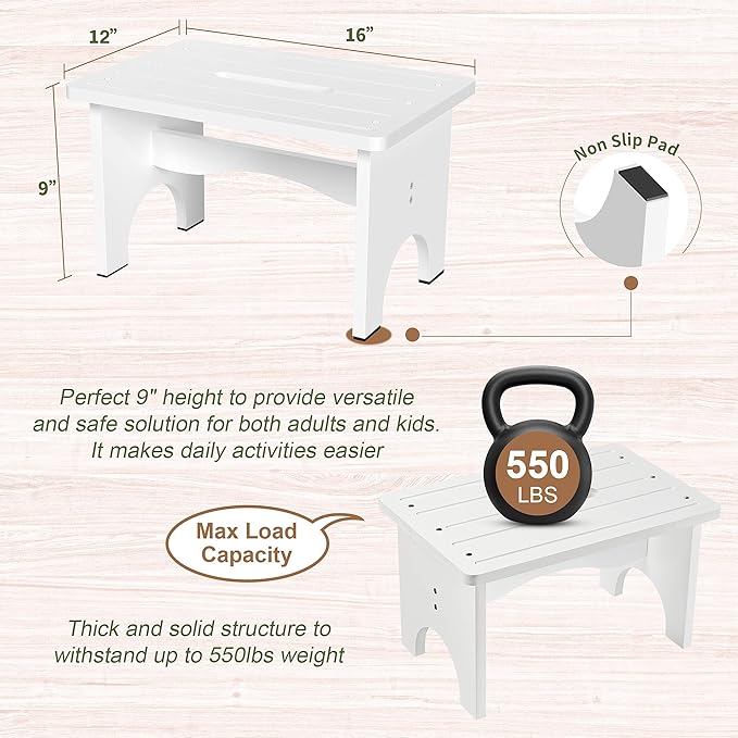 Wooden Step Stool for Adults, Heavy Duty One Step Bedside Stool - Image 2