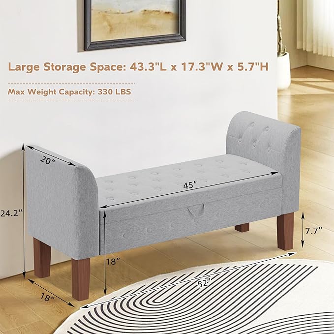 Awonde Armed Storage Bench for Bedroom Entryway Living Room Upholstered Tufted - Image 2