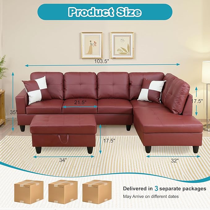 Couches for Living Room Faux Leather L Shaped Couch Comfy 3 Pieces Sectional - Image 2