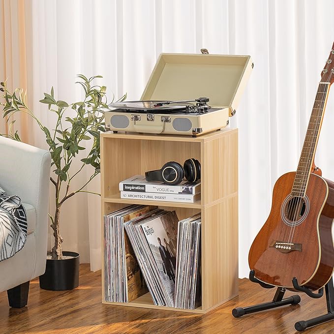 LEYAOYAO 2 Cube Bookshelf, Natural Record Player Stand Holds up to 100 Albums - Image 4