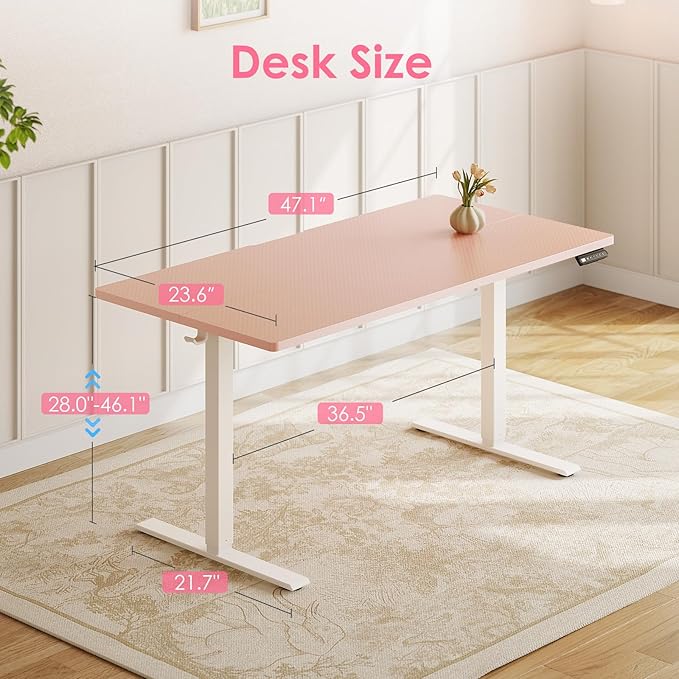 OffiGo Electric Height Adjustable Standing Desk, 48 Inch Pink Computer Desk - Image 3